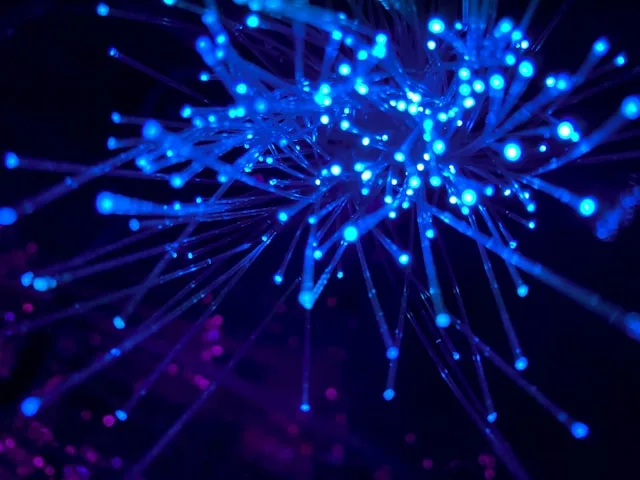 Glowing blue fiber-optic strands